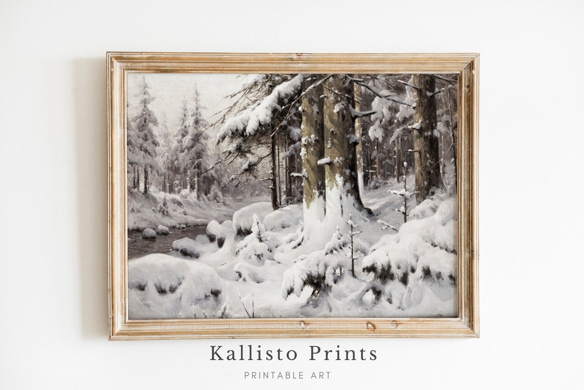 Snow Laden Pines Beside Frozen Stream Deep Winter Forest Poster