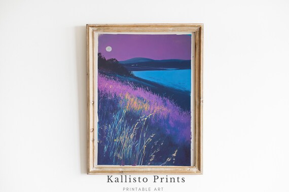 Moonlit Purple Lake Night Sky Tranquil Landscape Painting Poster