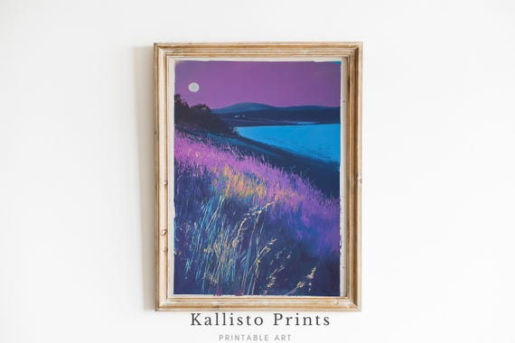 Purple Moonlit Lake Landscape Wall Art Night Sky Tranquil Nature Decor For Bedroom Or Living Room 358