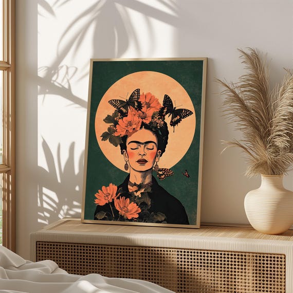 Fridainspired Portrait With Flowers Butterflies Boho Feminine Wall Art Vintage Botanical Decor570