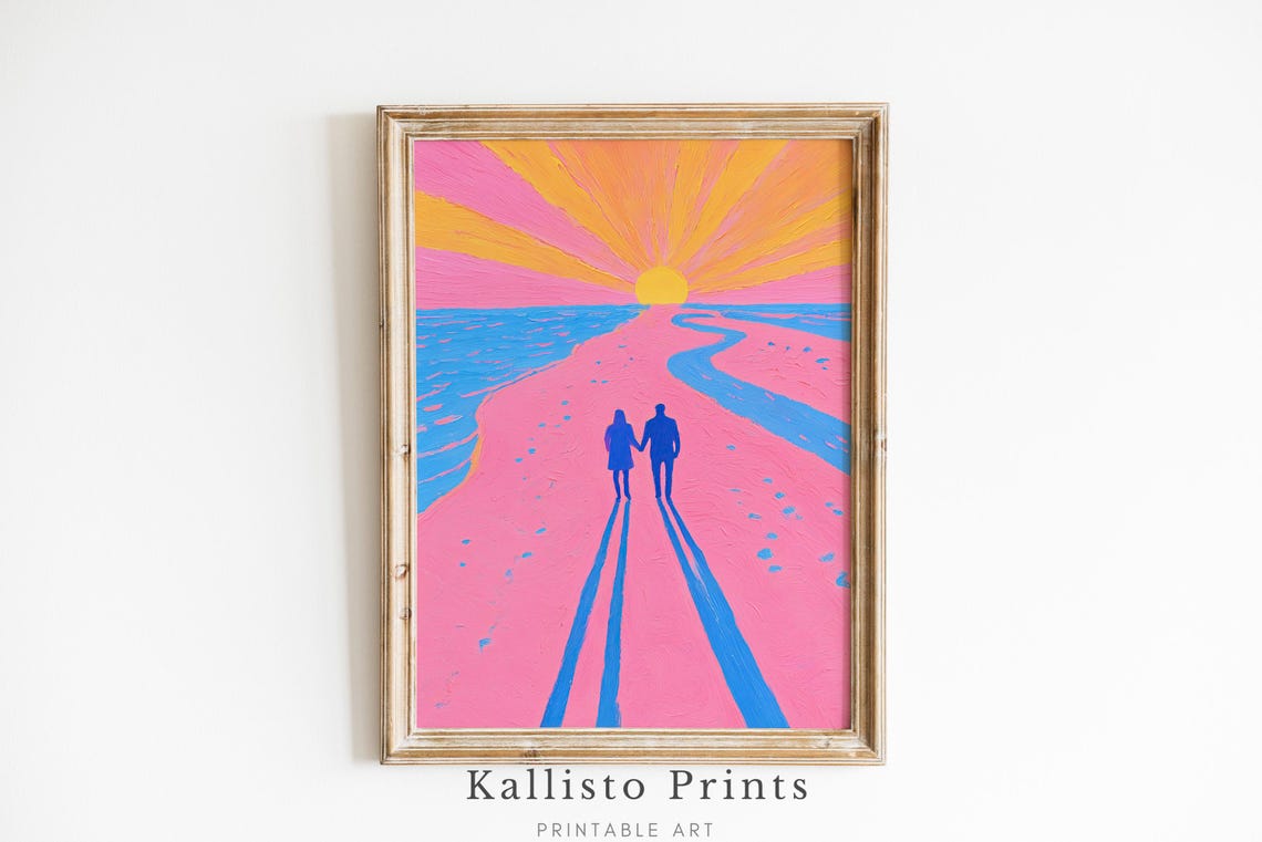 Romantic Couple Sunset Beach Walk Pink Pop Art Silhouette Poster