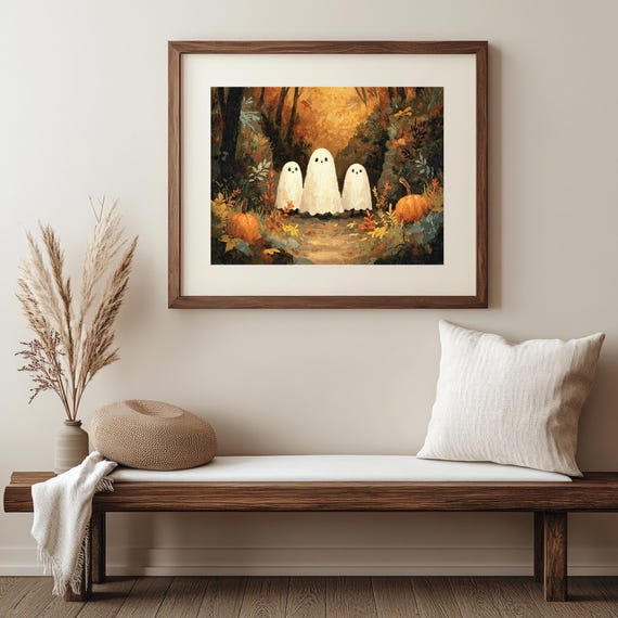 Cute Ghosts In Fall Forest Art Halloween Wall Decor With Pumpkins Autumn Leaves Spooky Ghostcore Painting