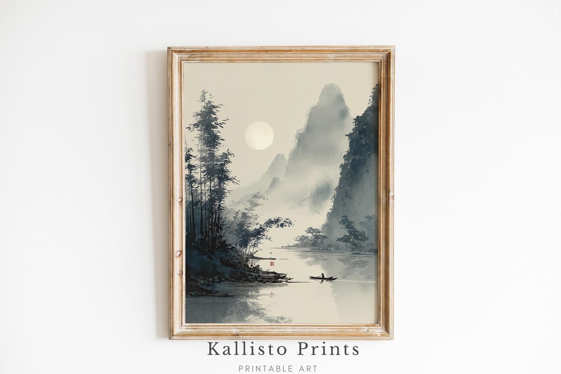 Moonlit Bamboo Lake Chinese Ink Painting Serene Zen Landscape Print