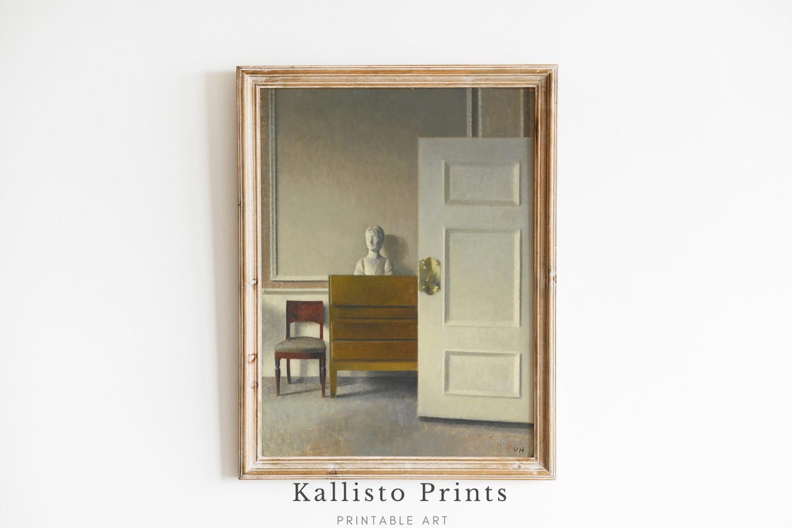 Classic Interior With Bust Sculpture And Open Door Vintage Print