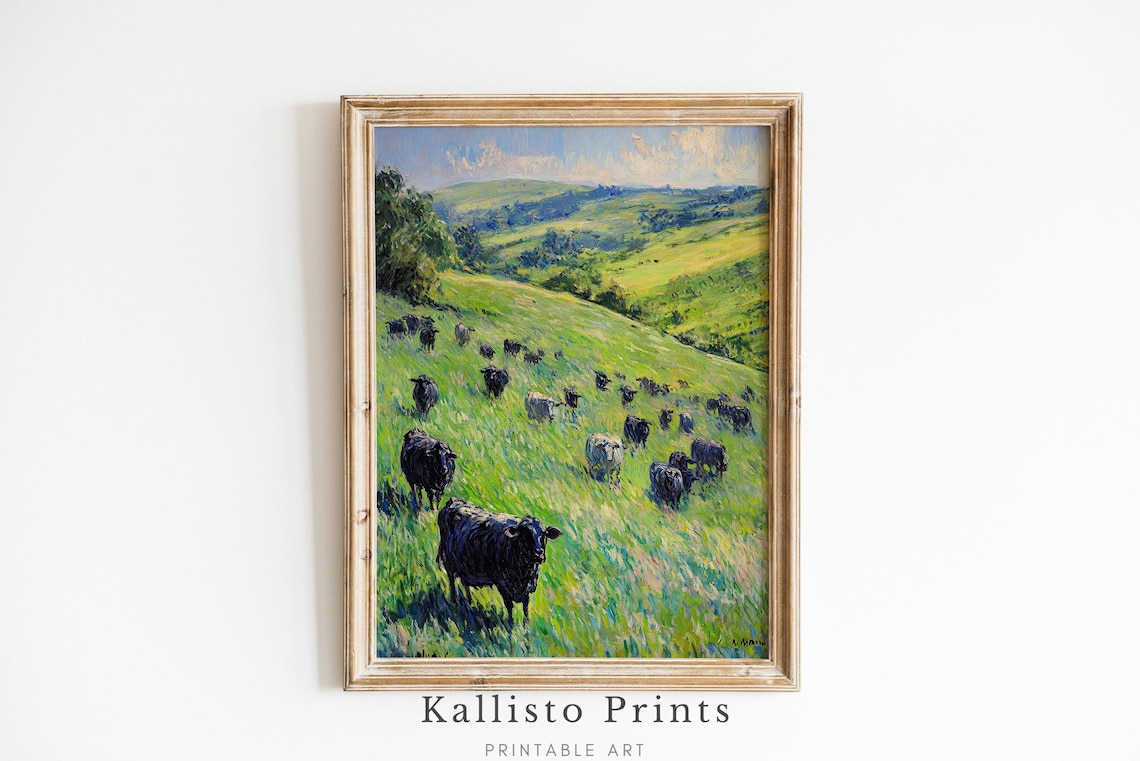 Cattle Grazing Green Hills Farm Pasture Country Rustic Poster