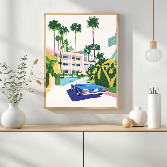 Palm Springs Retro Print Vintage Car Wall Art Mid Century Modern Decor Tropical Hotel Poster899