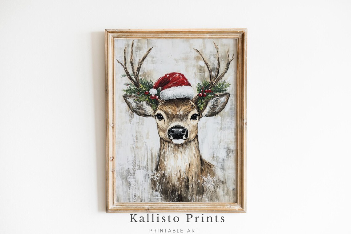 Rustic Christmas Deer Art Print, Festive Reindeer
