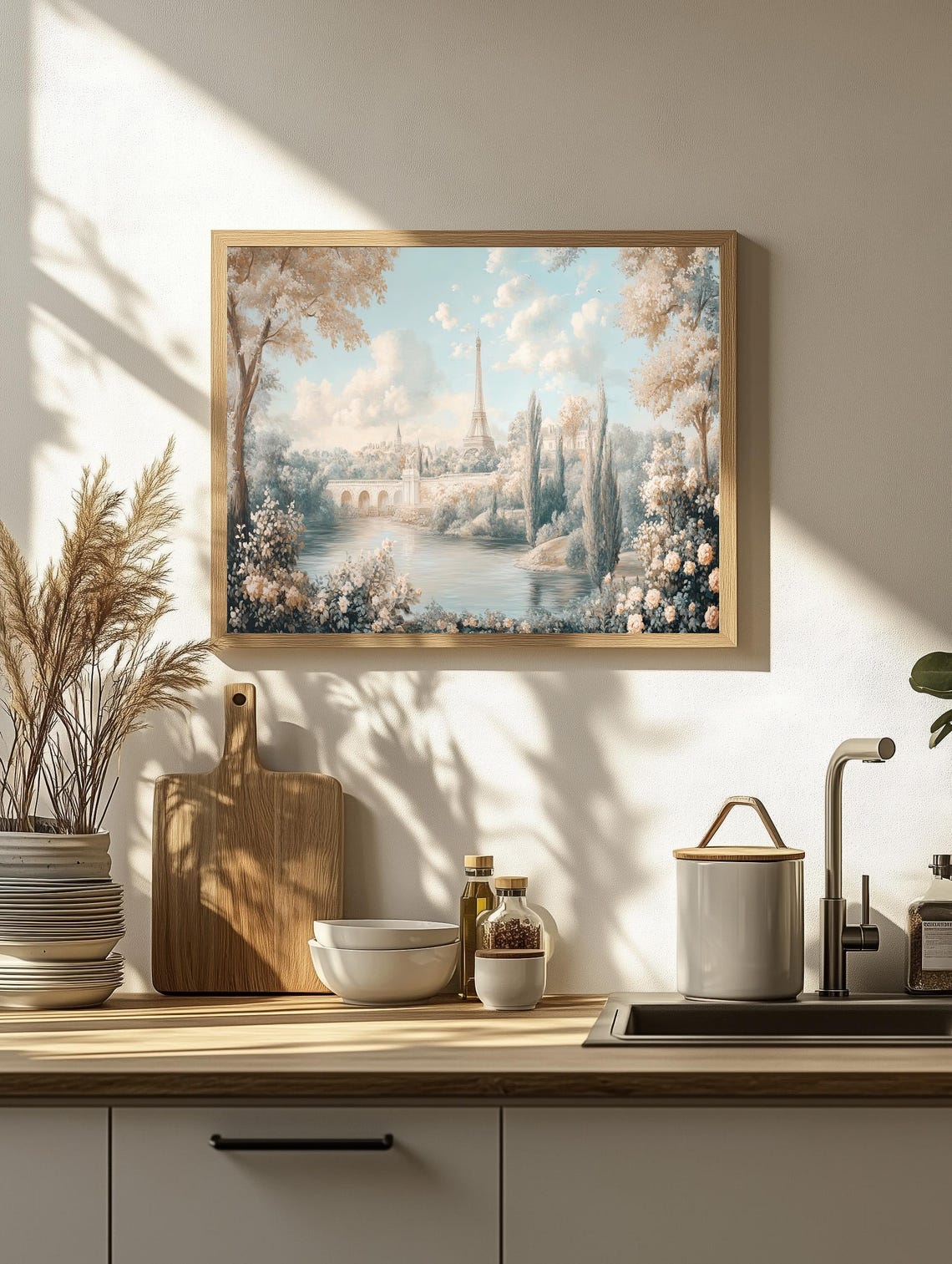 Paris Eiffel Tower Riverside Blossoms Romantic Pastel Art Poster