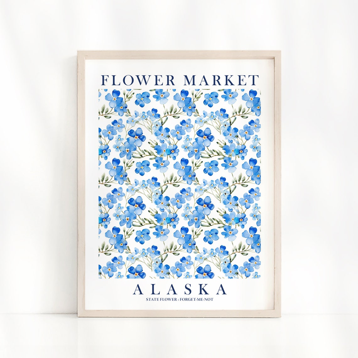 Flower Market Alaska Forget Me Not Blue Watercolor Floral Poster