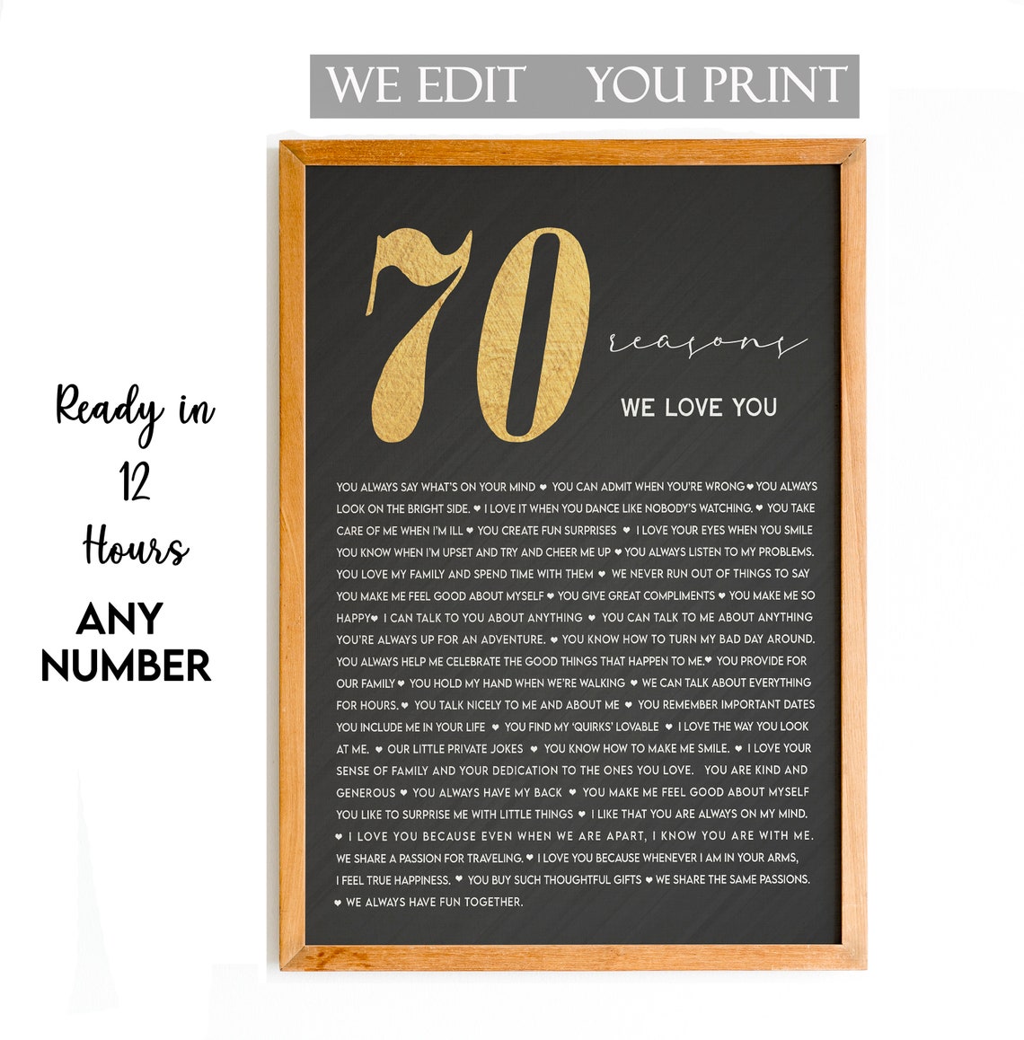 70 Reasons We Love You Black Gold Typographic Keepsake Poster