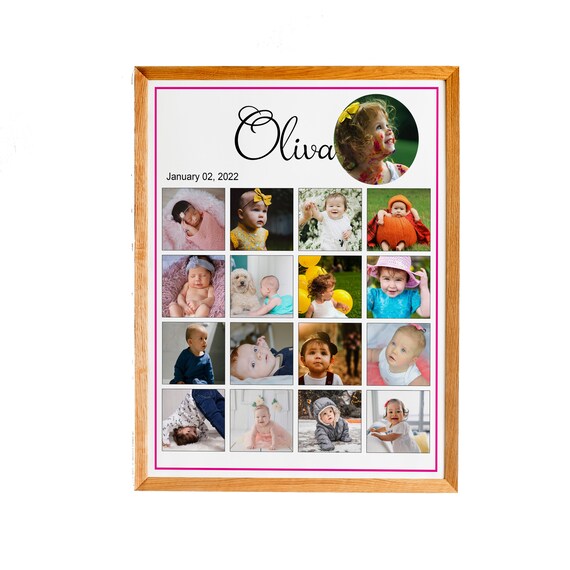 Personalized Baby First Year 16 Photo Collage Birthday Keepsake Poster