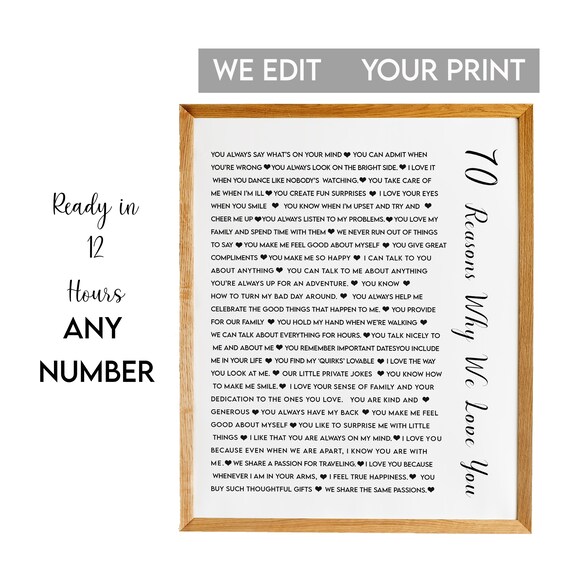 70 Reasons Why We Love You Vertical Script Romantic Milestone Poster