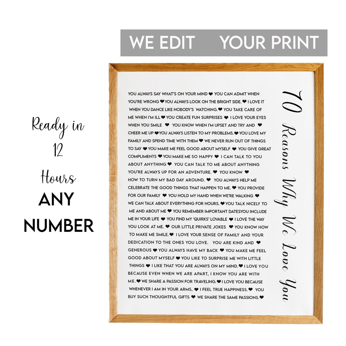 70 Reasons Why We Love You Vertical Script Romantic Milestone Poster