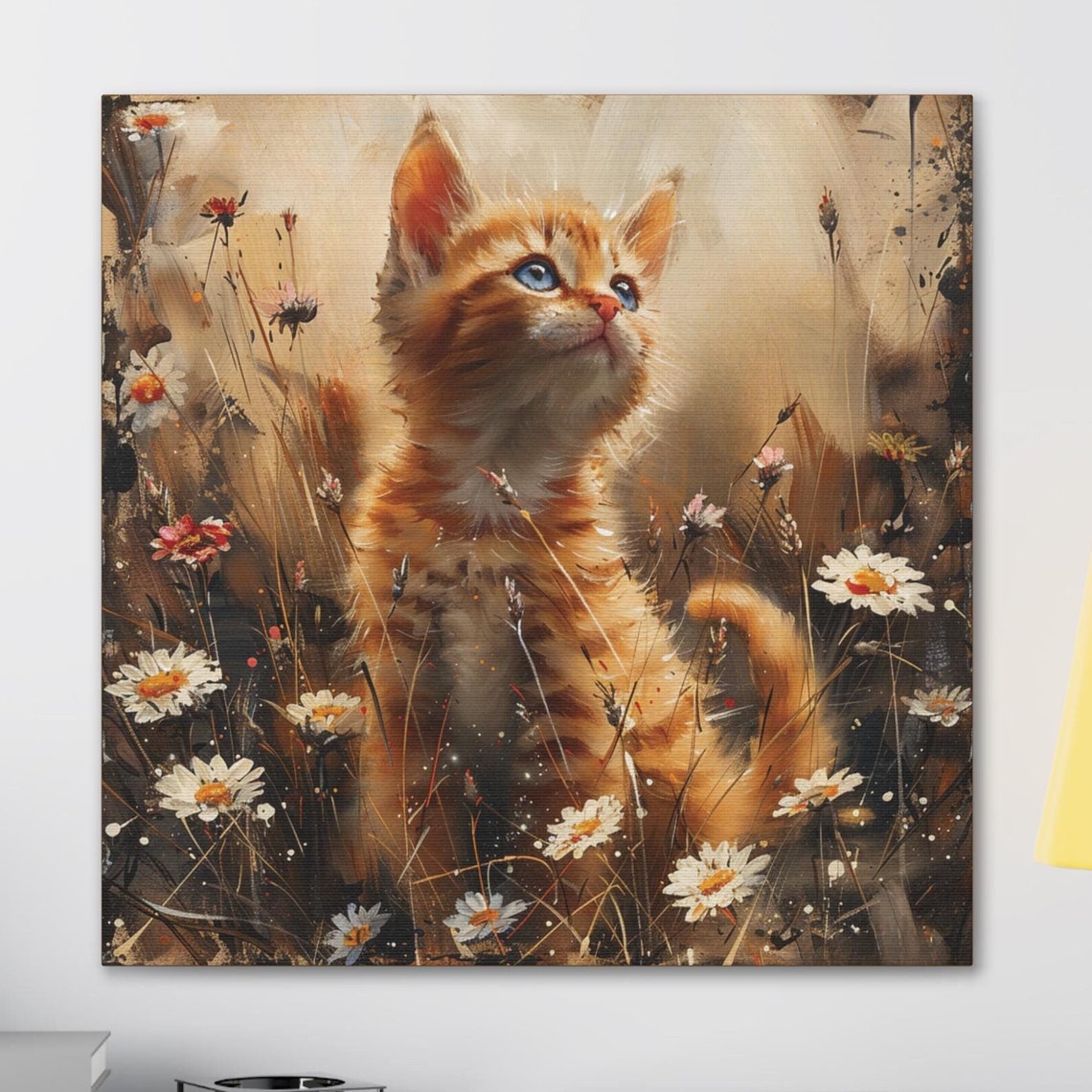 Orange Kitten Looking Up in a Daisy Wildflower Meadow Poster