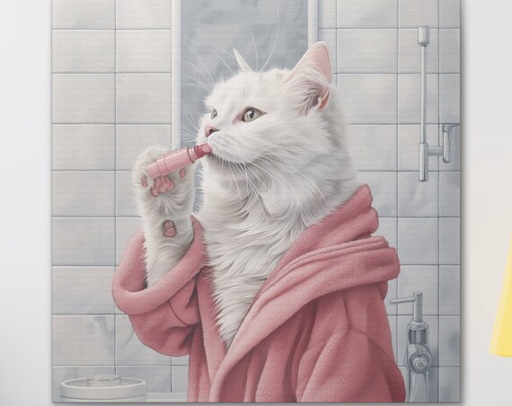 White Cat in Pink Bathrobe Applying Lipstick Bathroom Poster