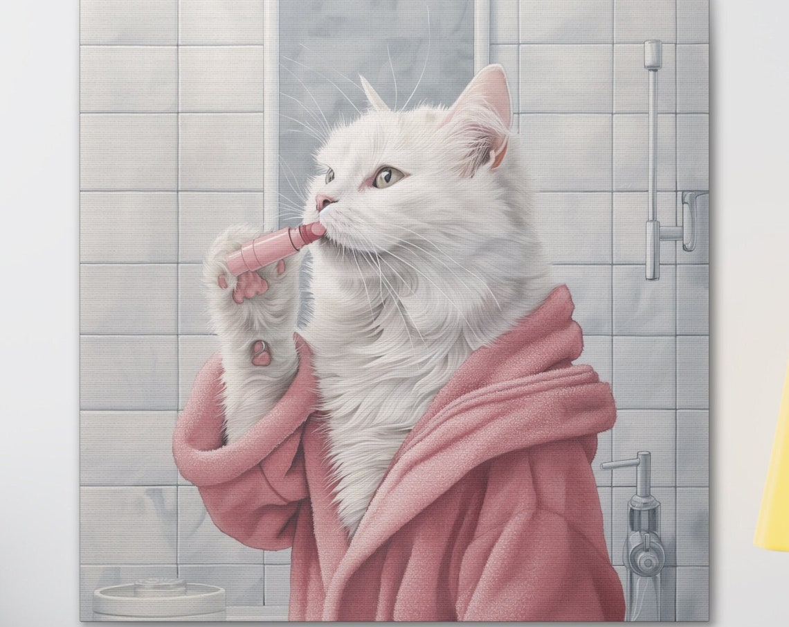 White Cat in Pink Bathrobe Applying Lipstick Bathroom Poster