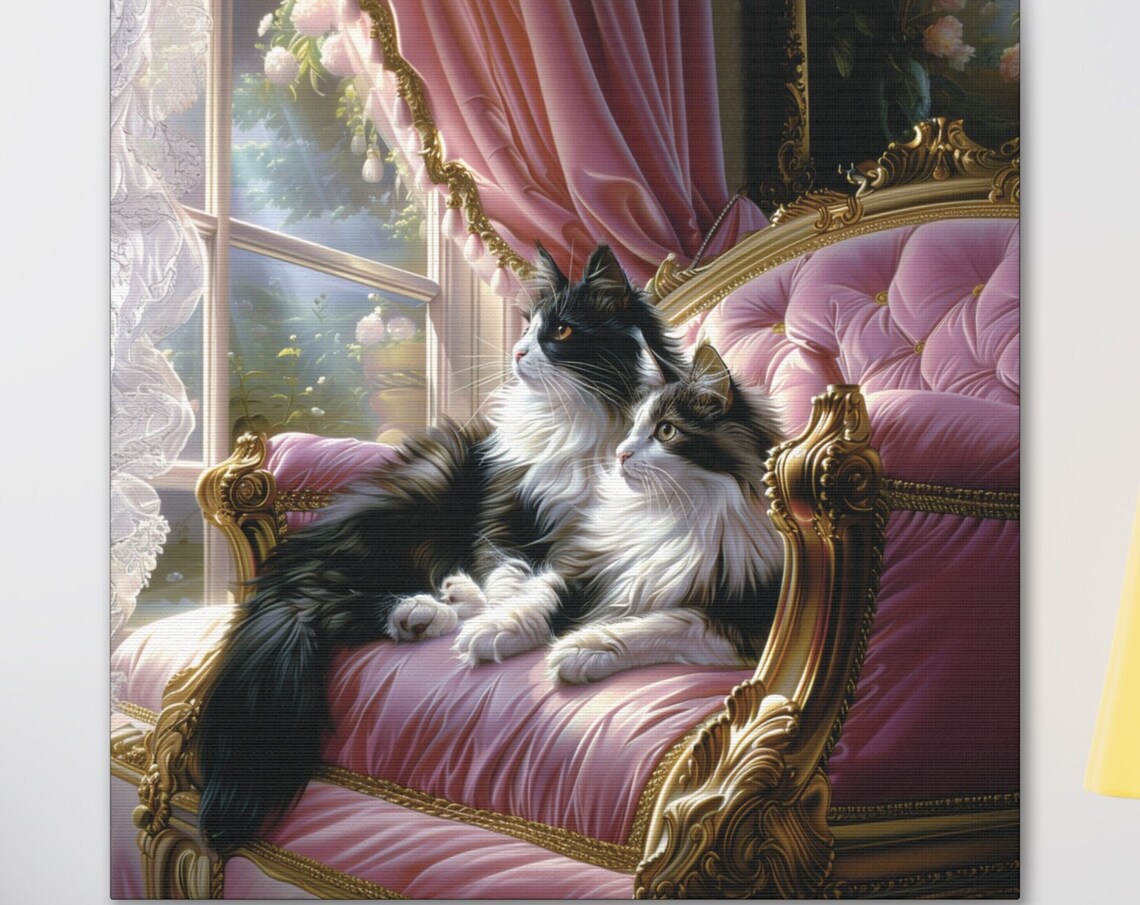 Two Regal Long Haired Cats Lounging on a Pink Velvet Chaise Poster - Image 7