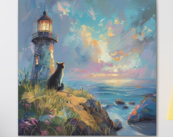 Lighthouse Cat Wall Art Cat Mom Gift Art Cute Kitty Wall Decor Lighthouse Ocean Home Decor