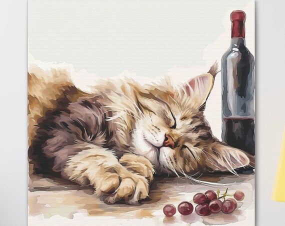 Fluffy Maine Coon Cat Napping Peacefully by a Wine Bottle Poster