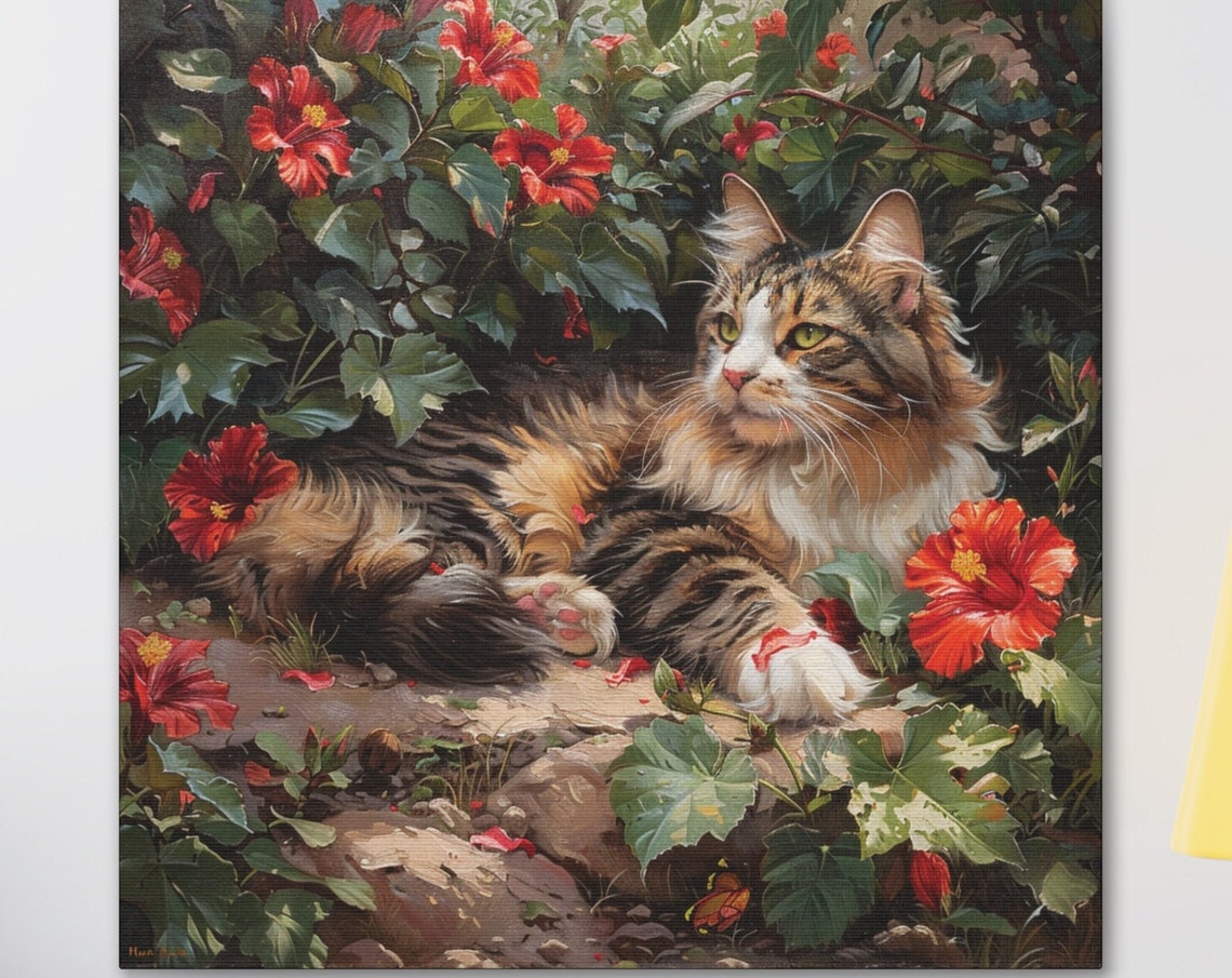 Long Haired Tabby Cat Resting Among Red Hibiscus Flowers Poster