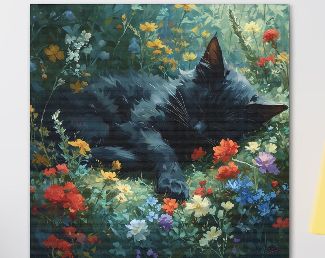 Black Cat Sleeping in a Colorful Wildflower Meadow Scene Poster