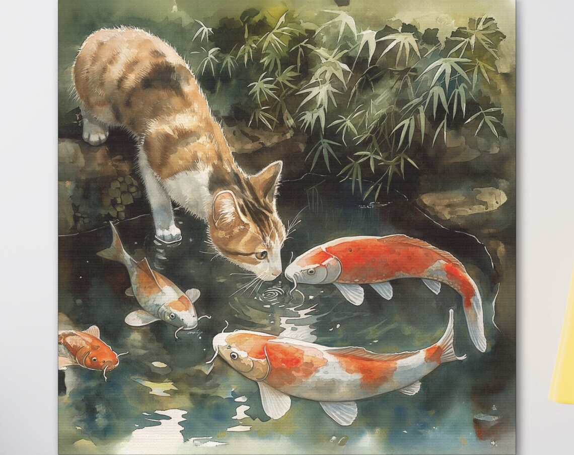Calico Cat Watching Koi Fish Japanese Pond Watercolor Poster