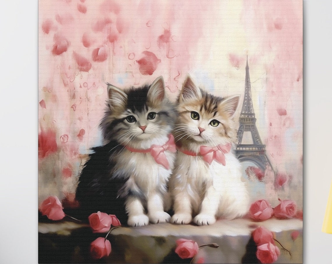 Two Kittens with Pink Bows Before the Eiffel Tower in Paris Poster