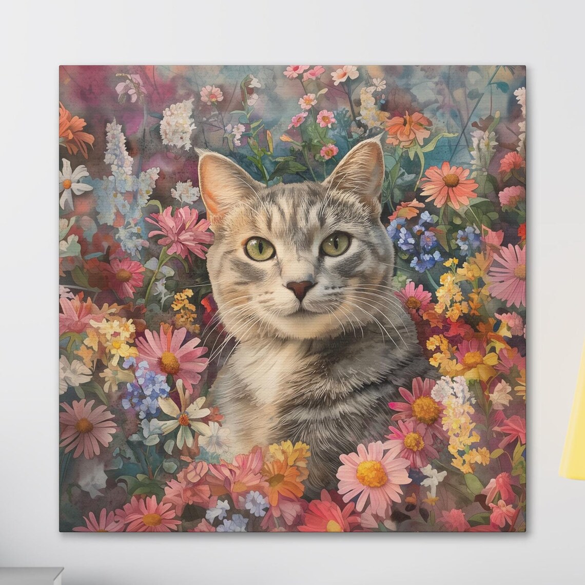 Silver Tabby Cat With Green Eyes Emerging From Colorful Wildflower Blooms Poster