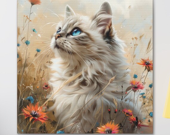 Blue Eyed Fluffy White Cat in a Wildflower Meadow Scene Poster