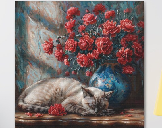 Siamese Cat Sleeping Beside a Vase of Red Carnation Blooms Poster