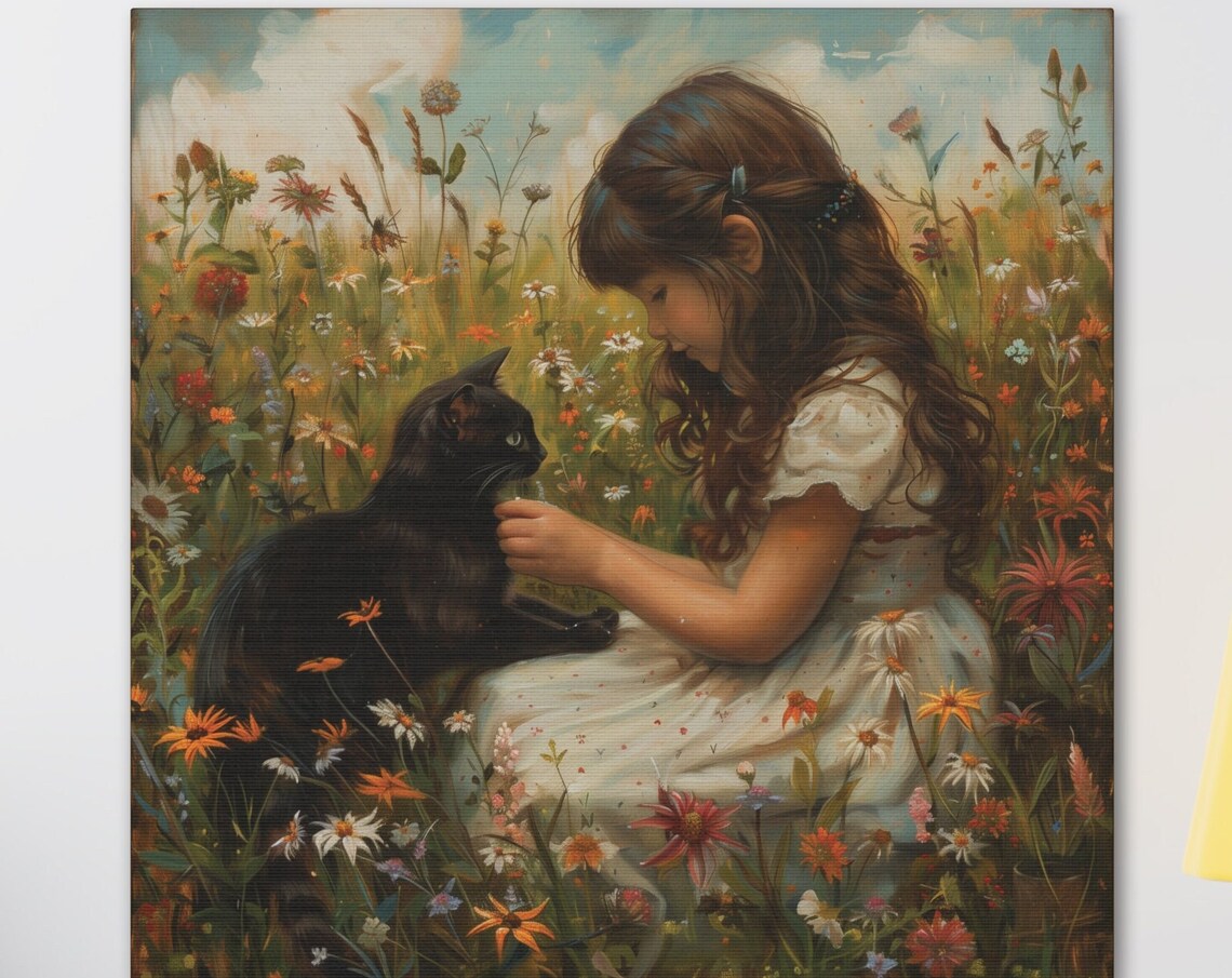Little Girl and Black Cat in Wildflower Meadow Oil Painting Poster