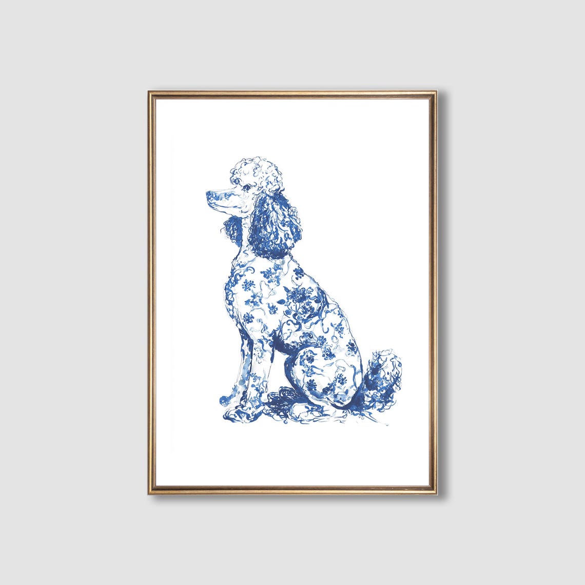 Chinoiserie Poodle Blue White Porcelain Floral Dog Art Poster