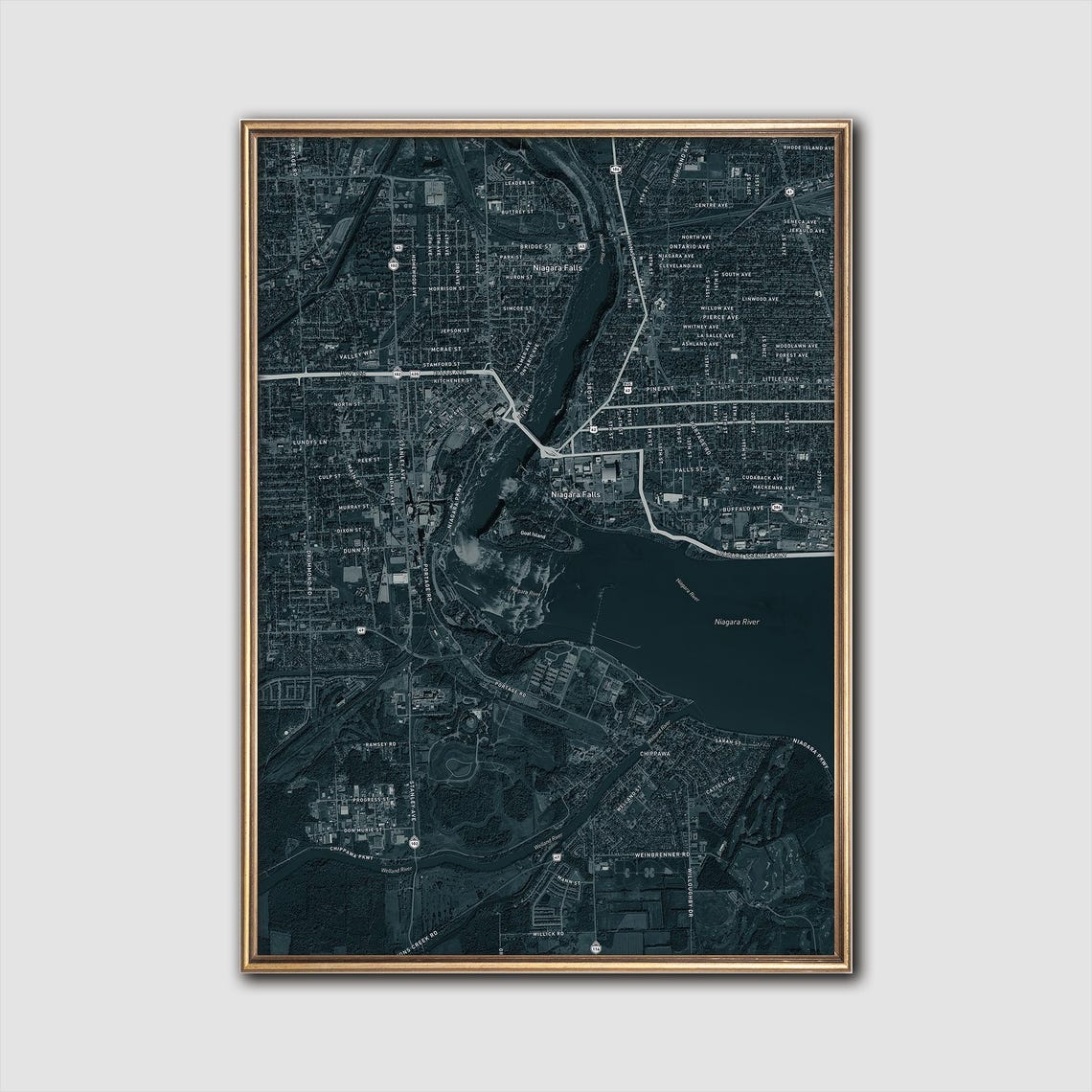 Niagara Falls Dark Satellite Map Moody Urban Nature Wall Art