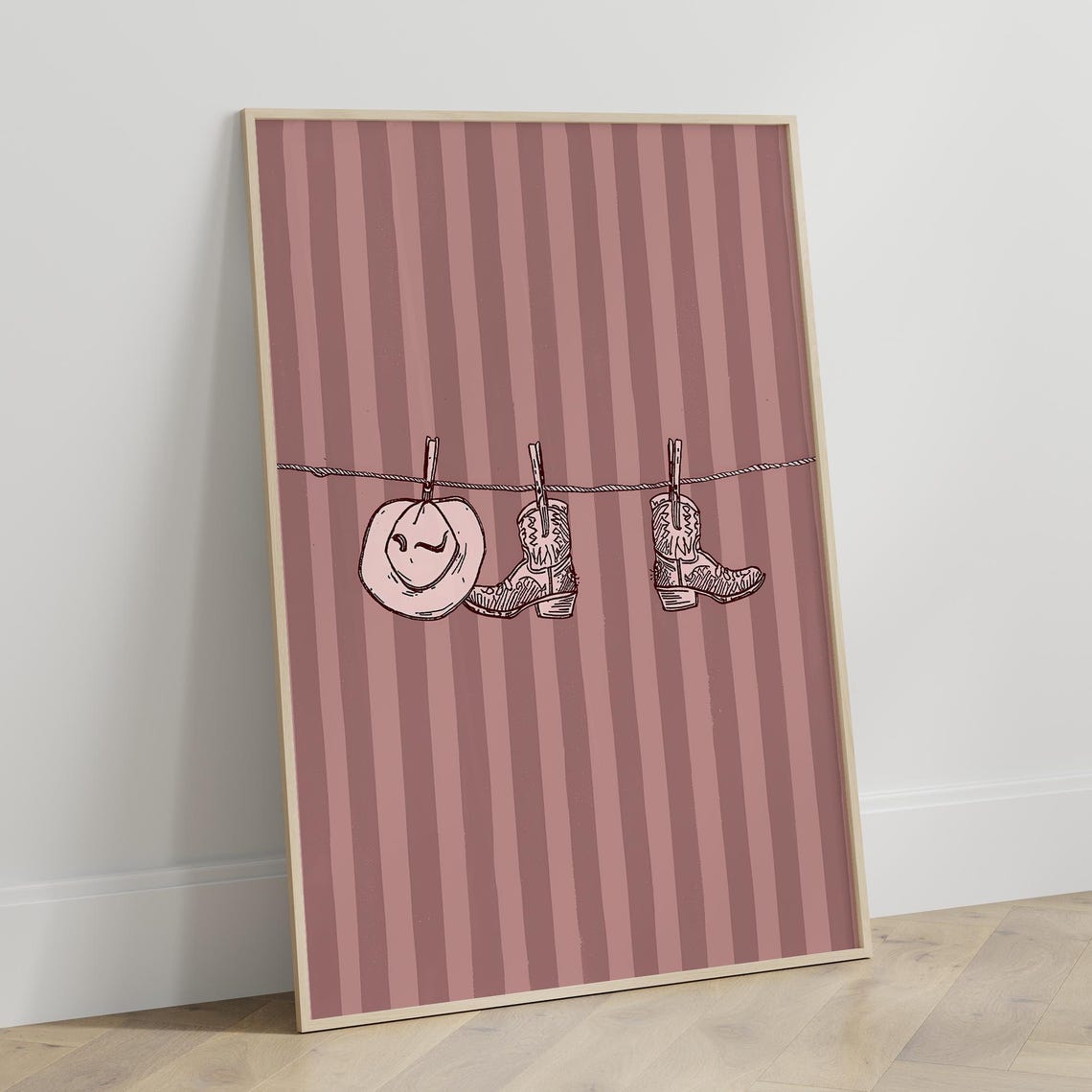 Cowgirl Hat Boots Clothesline Pink Striped Western Laundry Poster