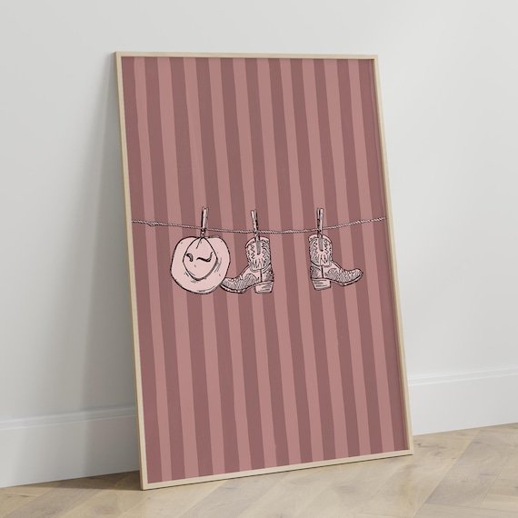 Cowgirl Hat Boots Clothesline Pink Striped Western Laundry Poster