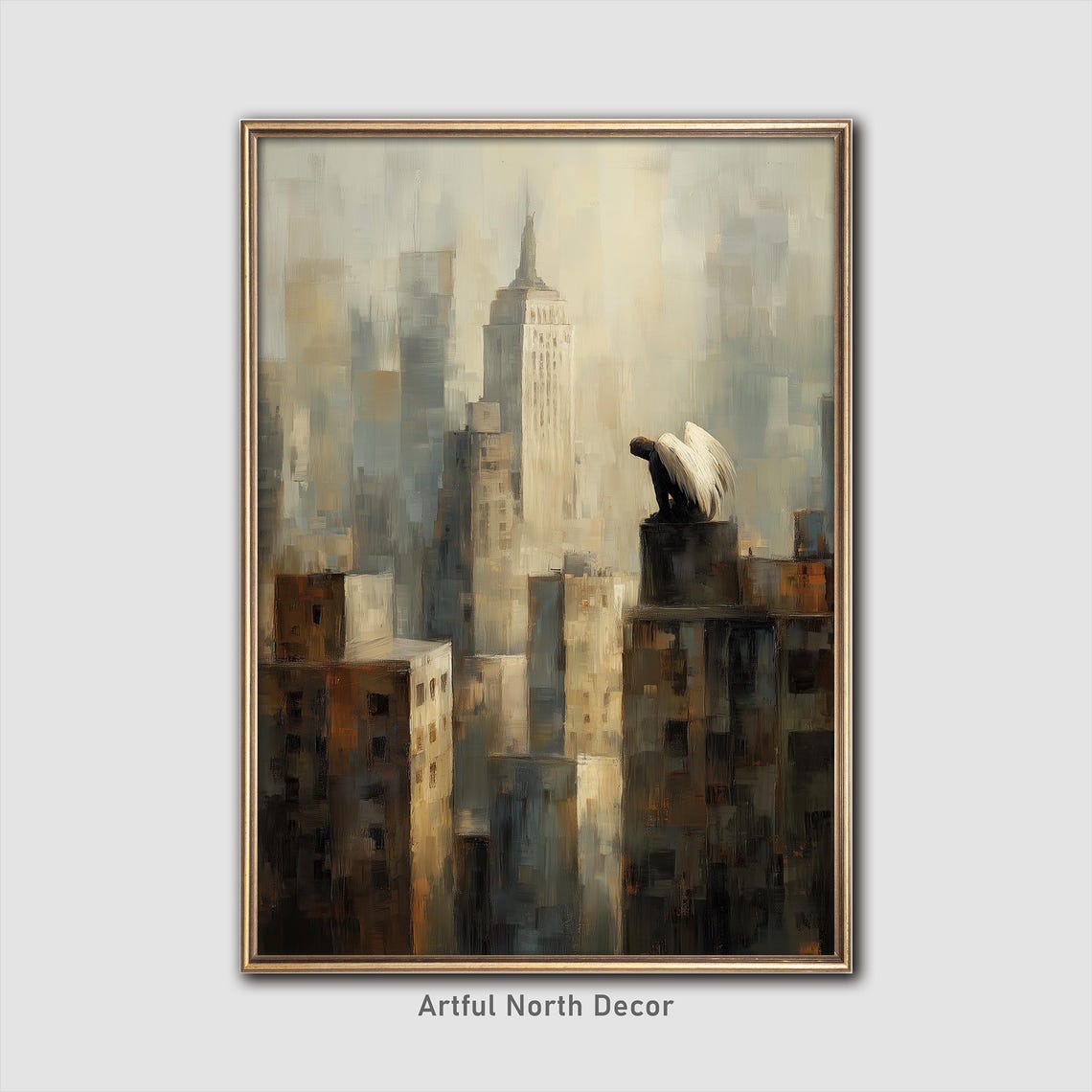 Brooding Angel Rooftop Misty Cityscape Dark Academia Gothic Poster