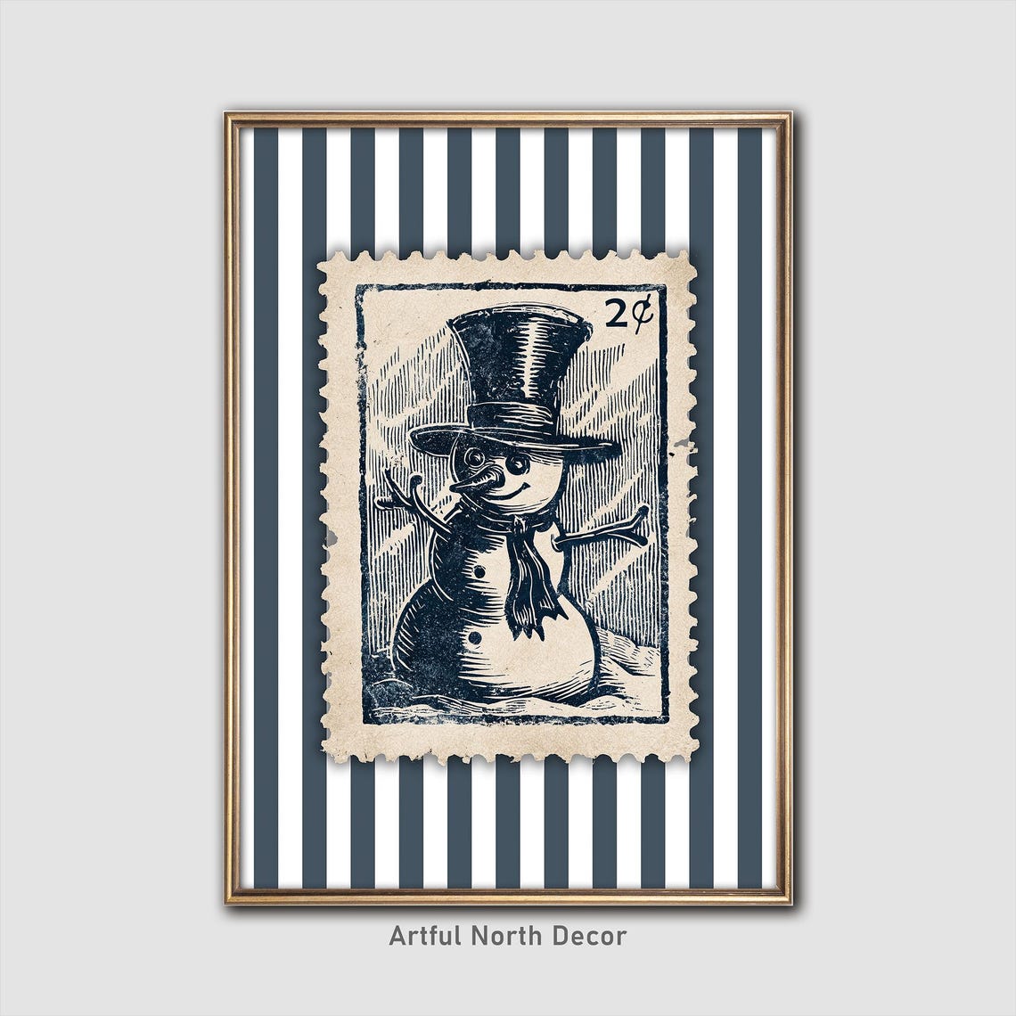 Vintage Snowman Postage Stamp Christmas Navy Stripe Art Poster