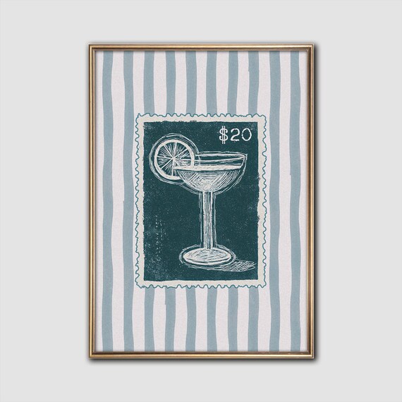 Retro Margarita Cocktail Postage Stamp Vintage Bar Cart Wall Art