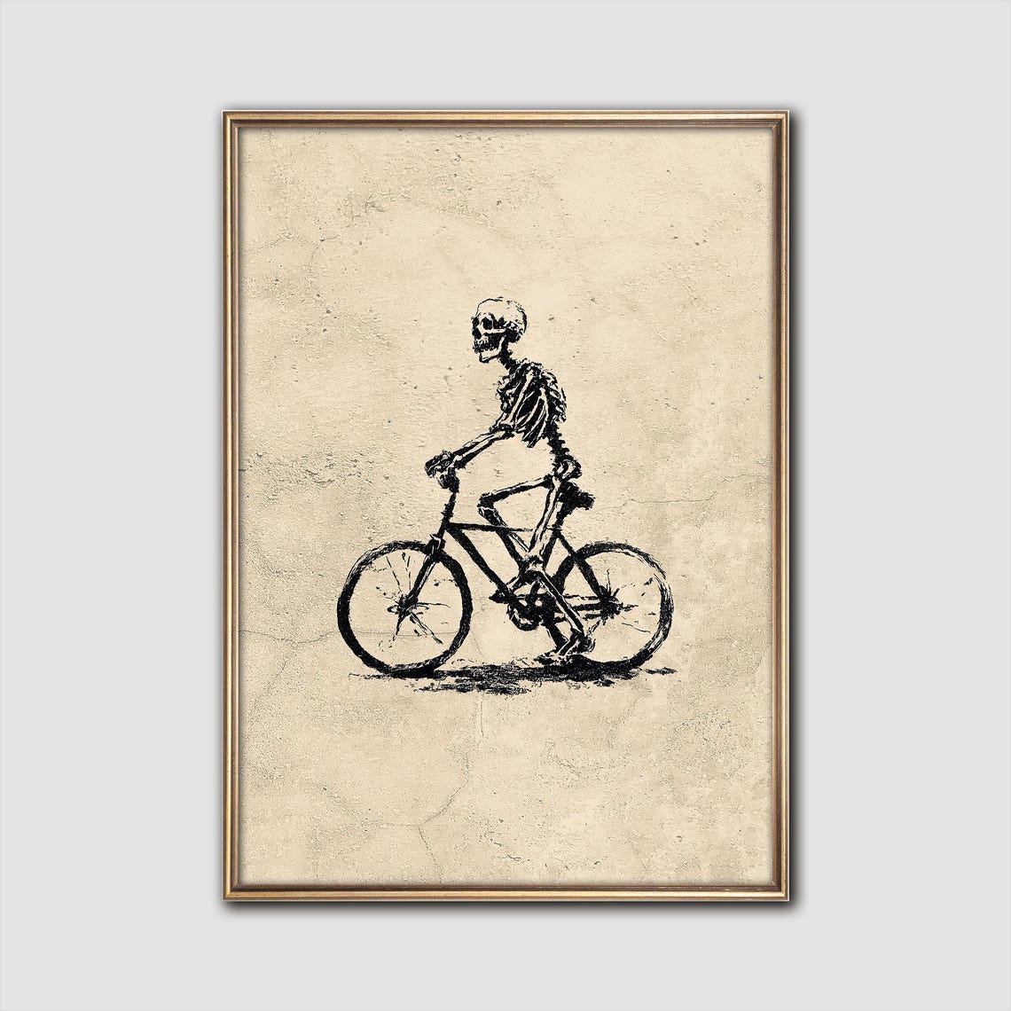 Skeleton Riding Bicycle Ink Sketch Aged Paper Gothic Halloween Poster