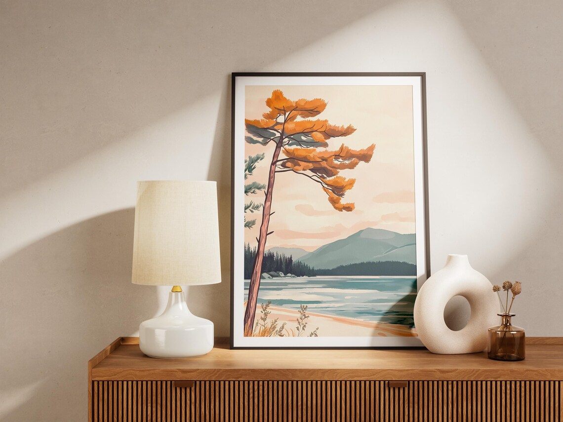 Tall Golden Pine Tree Standing By A Calm Mountain Lake Poster - Image 5