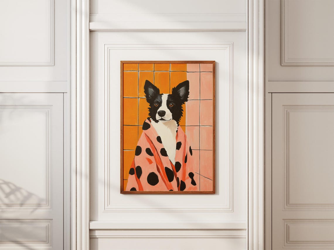 Border Collie Posing in a Pink Polka Dot Bathrobe Bathroom Poster - Image 2