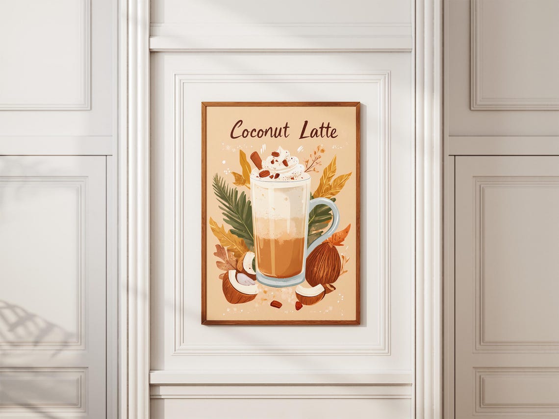 Coconut Latte Tropical Coffee Drink Whipped Cream Illustration Poster - Image 2