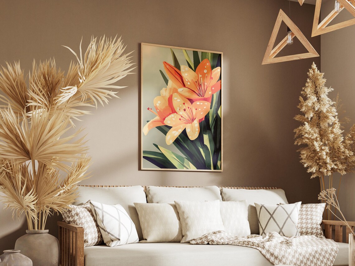 Dew Covered Orange Lily Blossoms Botanical Floral Art Poster - Image 3
