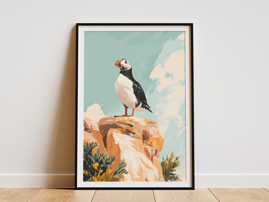 Puffin on Seaside Rocks Under a Teal Sky Coastal Bird Poster