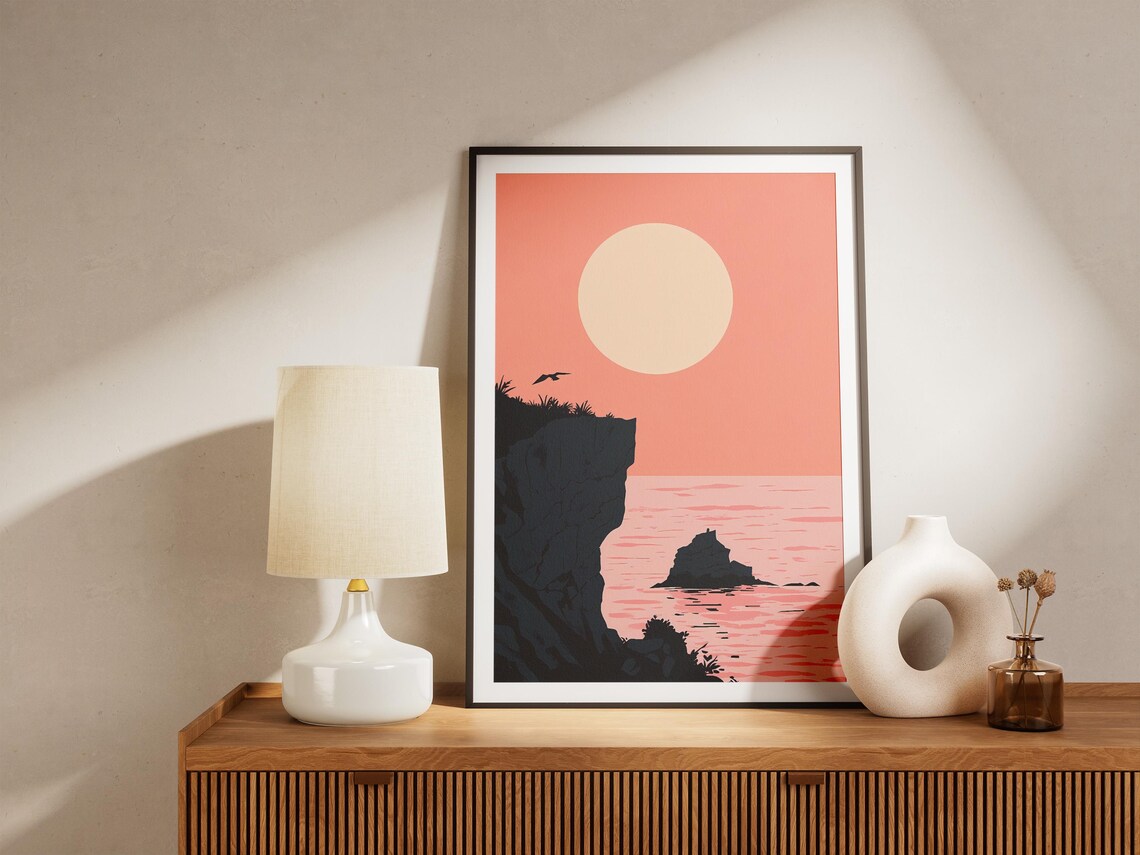 Coral Sunset Over a Black Cliff Silhouette and Pink Sea Poster - Image 5