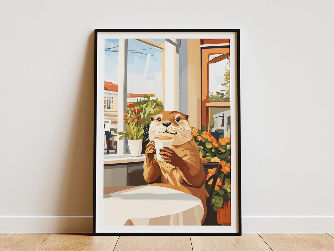 Otter Coffee Poster Cute Animal Cafe Wall Decor Whimsical Gift Decor