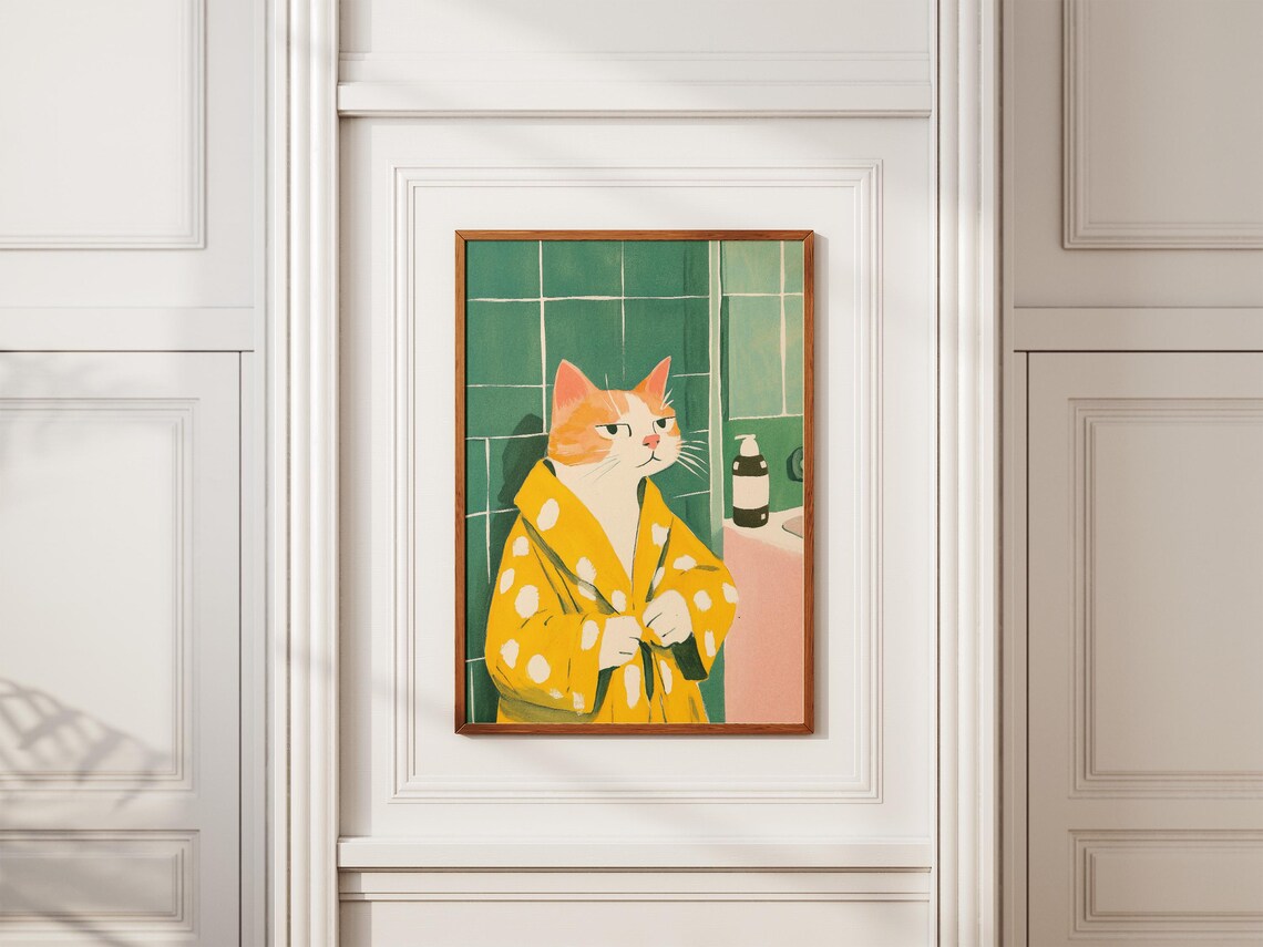 Orange Cat in Yellow Polka Dot Bathrobe Whimsical Cat Wall Poster - Image 2