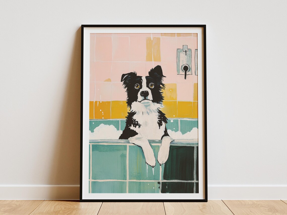 Wide-Eyed Border Collie Soaking in a Colorful Bubble Bath Poster