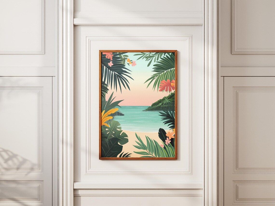 Tropical Cove at Sunset Framed by Palm Leaves Illustration Poster - Image 2