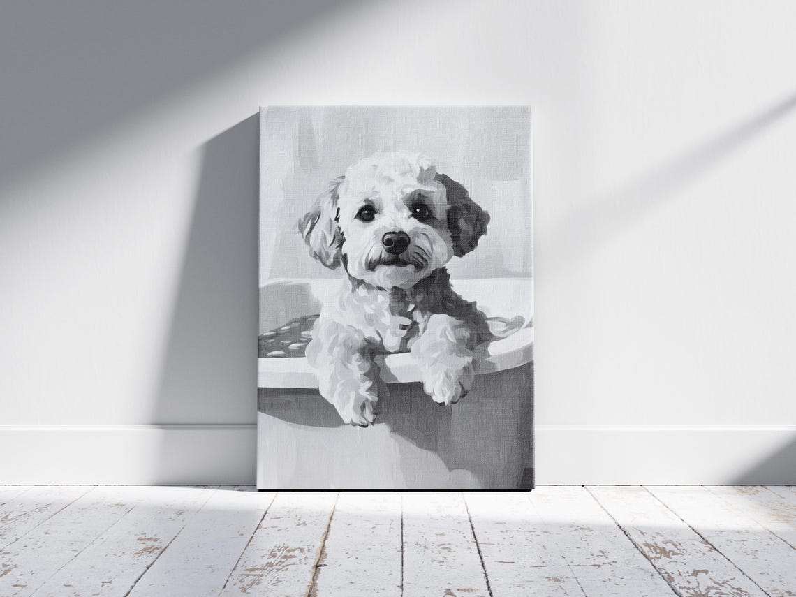 Bichon Frise Puppy In Bathtub Black and White Cute Art Poster - Image 2